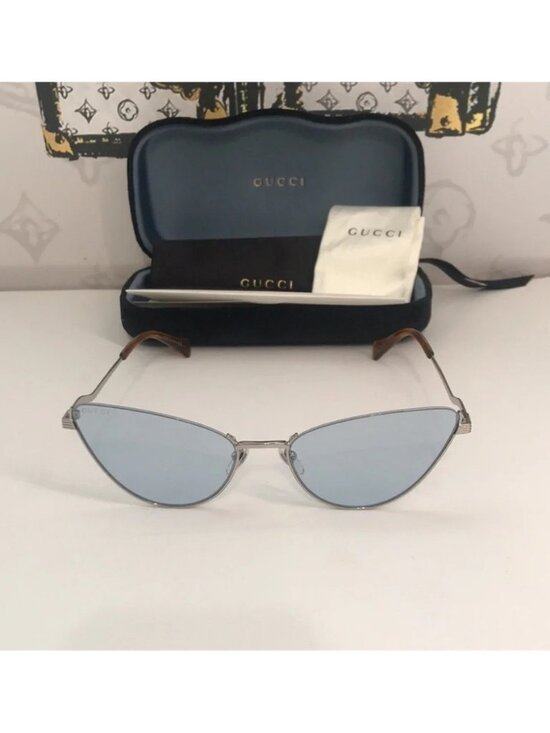 New Authentic Gucci GG1006S 004 Silver Cat-Eye Sunglasses Light Blue Lenses